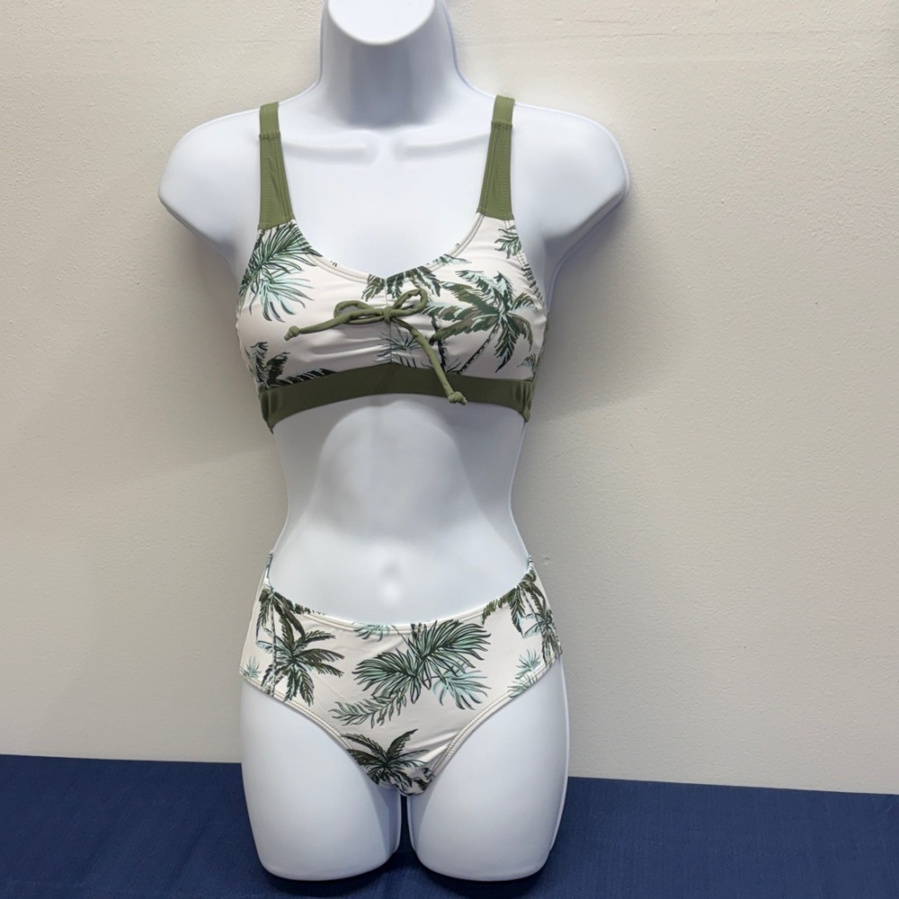 Olive Green Palm Print Bikini Set two-piece swimsuit size 7-8Y tree print new